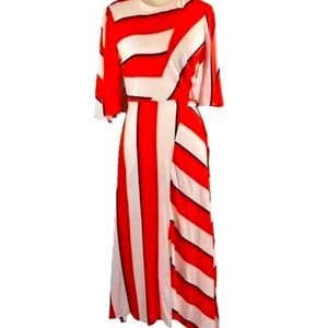 Topshop Orange Stripe Midi Dress Asymmetrical Hem Split Front, Size 8